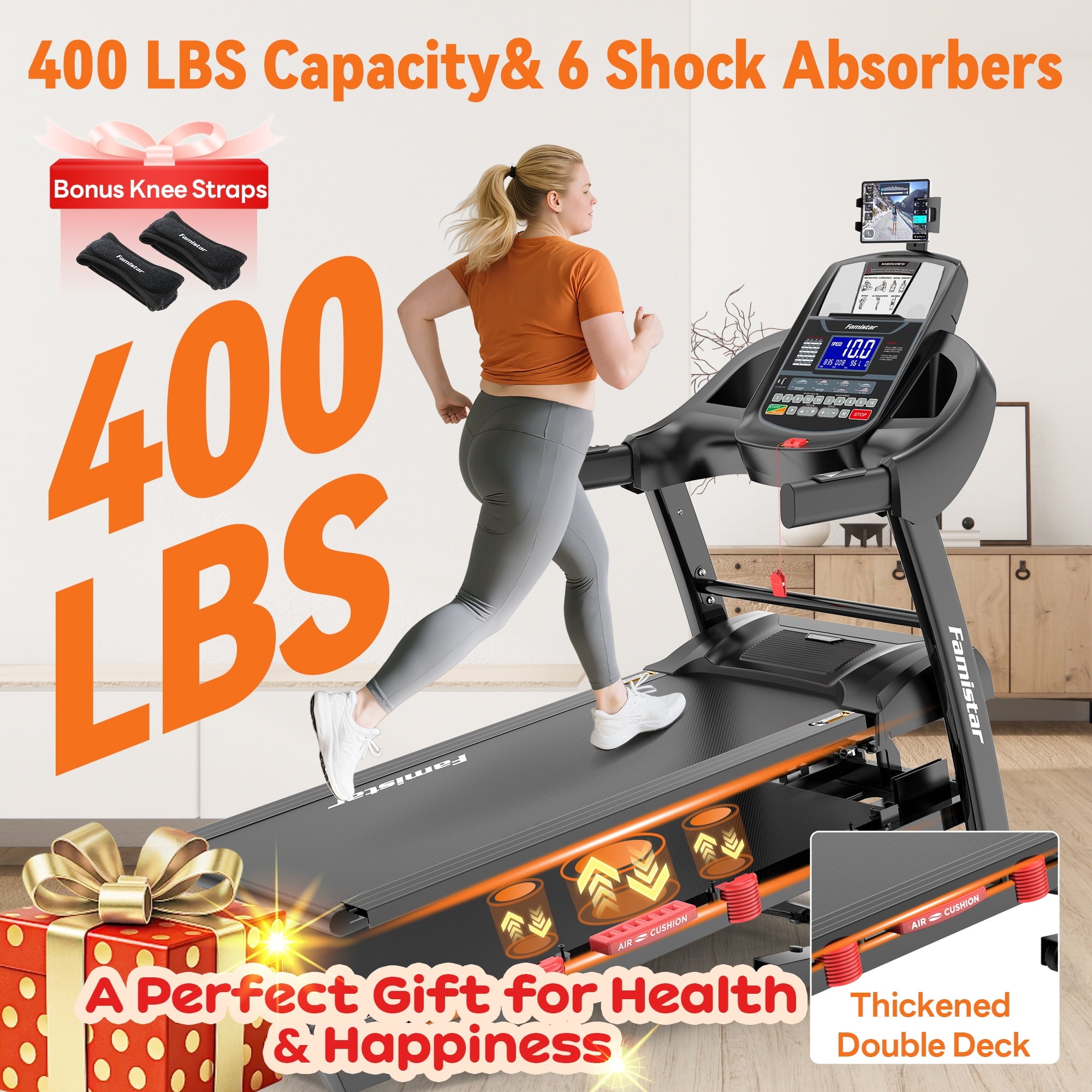 Famistar 5.1HP Folding Treadmill for Home with 15% Auto Incline, 300-400 LB Capacity, Portable Foldable Treadmill, FREE APP Control, Adjustable iPad Holder, 10MPH Speed, 71 Programs, Knee Straps Gift
