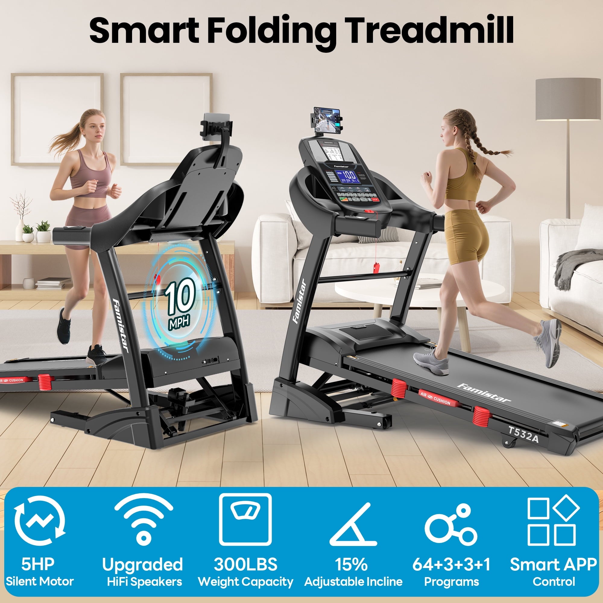 Famistar 15% Auto Incline Treadmill 5.1HP for Home, Folding Treadmill w/ 300LB Capacity, Dual HiFi Speaker, App Control w/ Virtual Running, 64+7 Programs, 6 Point Shock-absorbing Cushions, Portable Treadmill
