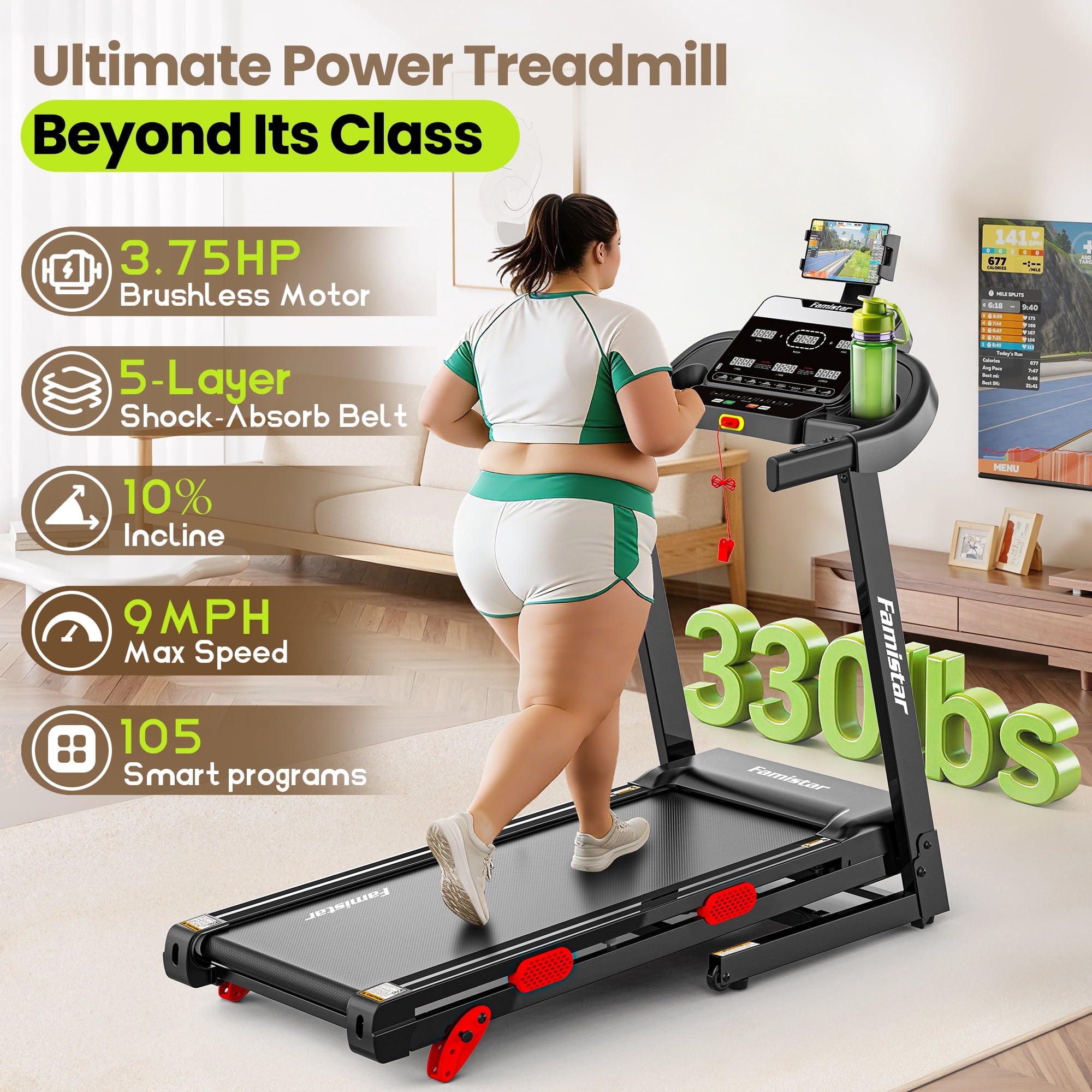 Famistar Electric Folding Treadmill for Home with Adjustable Incline & APP, 9MPH Speed, 330lbs, HiFi Bluetooth Speakers, 3.75HP Foldable Compact Treadmill Walking Running Machine