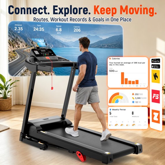 OXIBYPU 3.7HP Motor Folding Treadmill for Home with Incline, 300 lbs Capacity Exercise Treadmill, 7.5 MPH Speed, 10-Level Manual Incline, 71 Programs Smart APP Control, Portable Walking Running Machine
