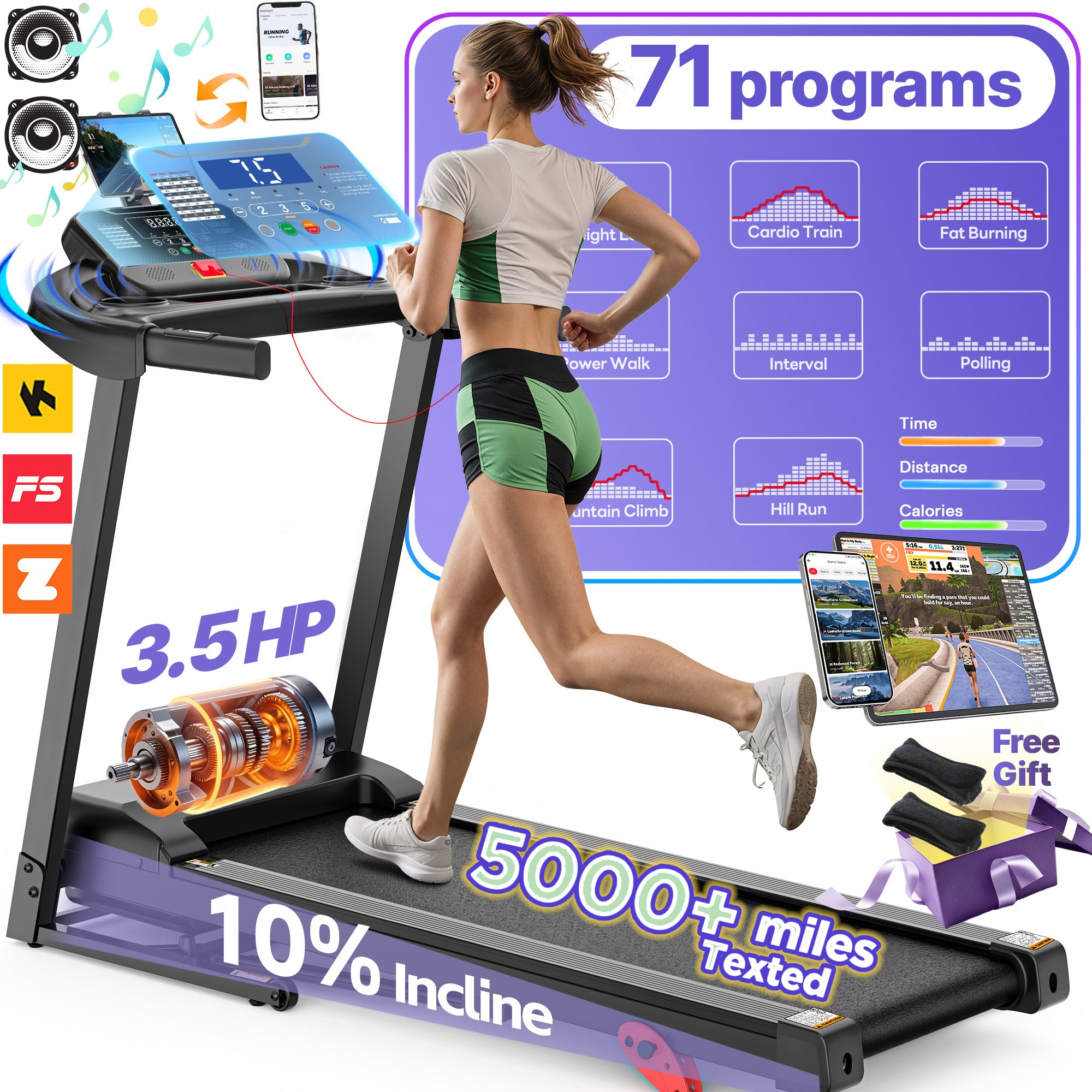 Famistar Folding Electric Treadmill for Home, Compact Running Machine with 3.5HP Motor, Treadmill 300 lb Capacity, Treadmill with 3-Level Incline, 7.5 MPH, Quiet Brushless Motor, 71 Programs, Space-Saving